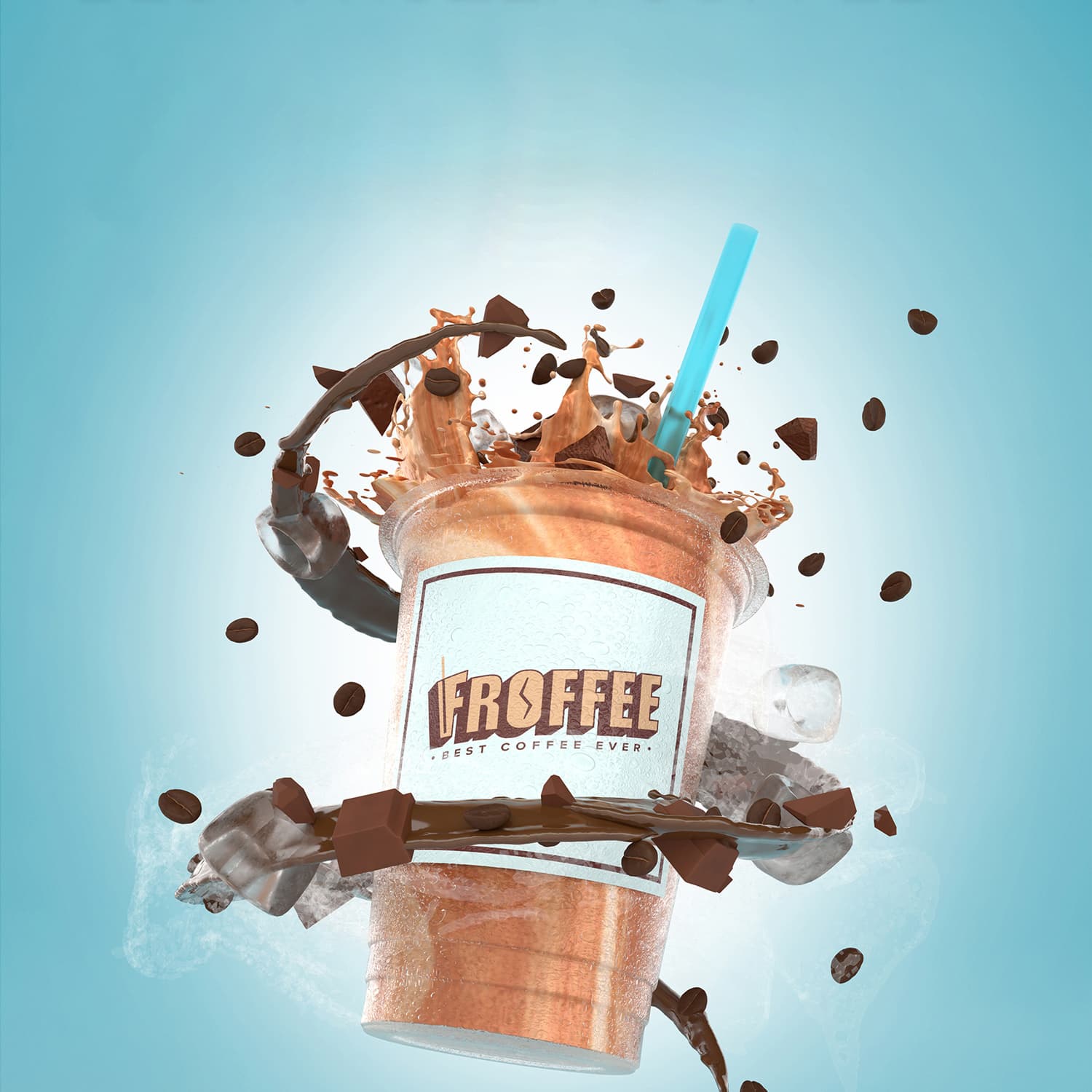 A Froffee frozen coffee bursting with a coffee, ice, and chocolate splash