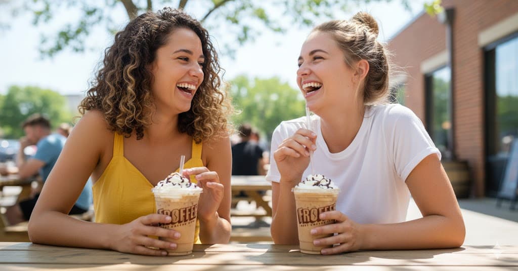 Two friends laughing over Froffee frozen coffee outdoors